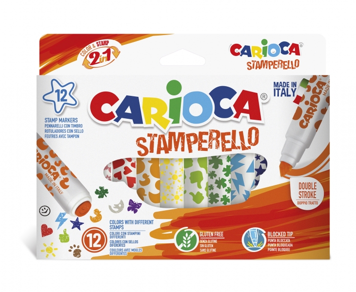 Carioca Stamperello Lot de 12 marqueurs double pointe - Pointe conique - Pointe avec tampons - Encre lavable - Couleurs variées