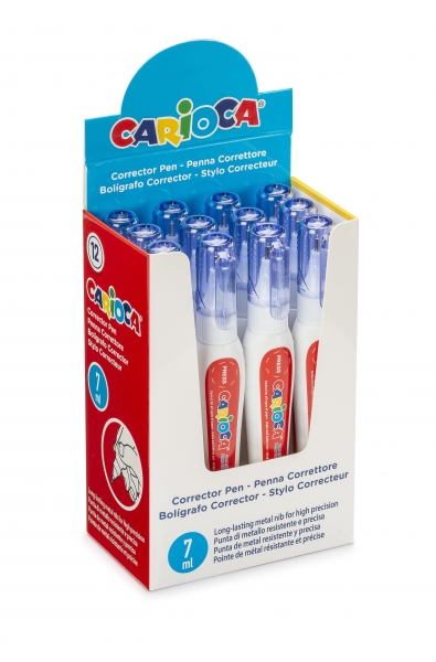 Carioca Stylo Correcteur Présentoir de 12 Stylos Correcteurs - Pointe Métallique Résistante et Précise - Convient à Tous Types de Papier - Séchage Rapide - Couleur Blanc