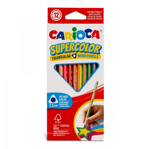 Carioca Supercolor Lot de 12 crayons en bois - Corps triangulaire - Couleurs intenses et grande opacité - Épaisseur 3,5 mm - Couleurs variées