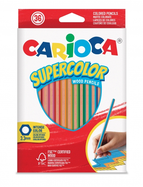 Carioca Supercolor Lot de 36 crayons en bois - Corps hexagonal - Couleurs intenses et grande opacité - Épaisseur 3,3 mm - Couleurs variées