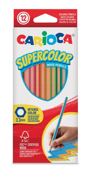 Carioca Supercolor Pack de 12 Crayons en Bois - Corps Hexagonal - Couleurs Intenses et Grande Opacité - Épaisseur 3,3 mm - Couleurs Diverses
