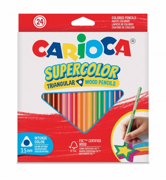 Carioca Supercolor Pack de 24 crayons en bois - Corps triangulaire - Couleurs intenses et grande opacité - Épaisseur 3,5 mm - Couleurs variées