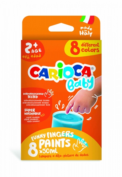 Carioca Tempera Baby Lot de 8 pots de peinture au doigt 2+ - Lavables - Non toxiques - Sans odeur - Créativité et plaisir maximum - Différentes couleurs
