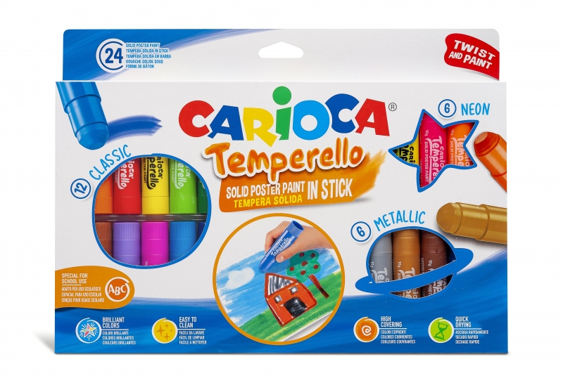 Carioca Temperello Lot de 24 détrempes solides – Couleurs vives et lavables – Excellente couverture – Facile à mélanger – Sans solvant – Finition satinée – Différentes couleurs