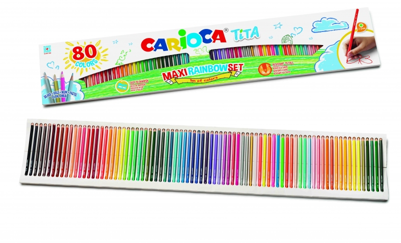 Carioca Tita Rainbow Maxi Pack de 80 Crayons en Résine - Corps Hexagonal - Couleurs Vives et Lavables - Écriture Douce - Ø 3 mm - Couleurs Diverses