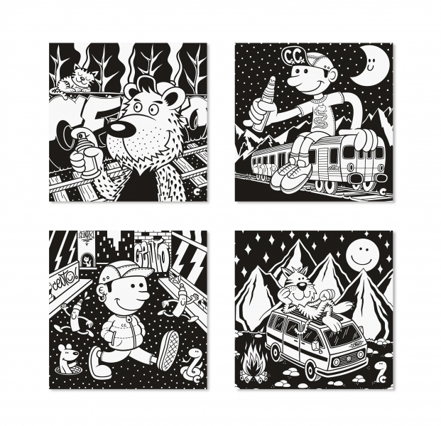 Carioca Velvet Centograffiti Pack de 4 Illustrations en Velours à Colorier - Texture Douce - Développe la Dextérité et la Créativité - Collaboration avec Cento Canesio - Diverses Couleurs