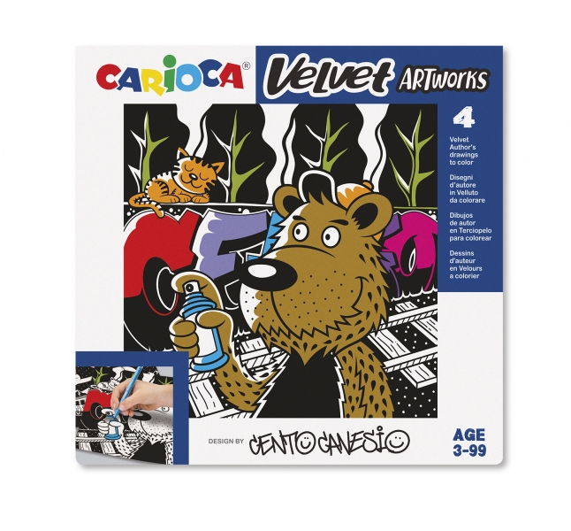 Carioca Velvet Centograffiti Pack de 4 Illustrations en Velours à Colorier - Texture Douce - Développe la Dextérité et la Créativité - Collaboration avec Cento Canesio - Diverses Couleurs