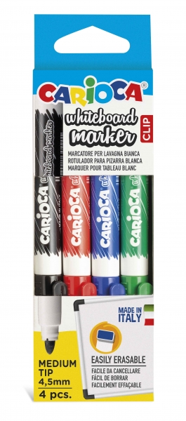Carioca Whiteboard Clip Pack de 4 Marqueurs Effaçables pour Tableaux Blancs - Pointe Moyenne - Pointe Ø 4,5 mm - Capuchon avec Clip - Séchage Rapide - Différentes Couleurs