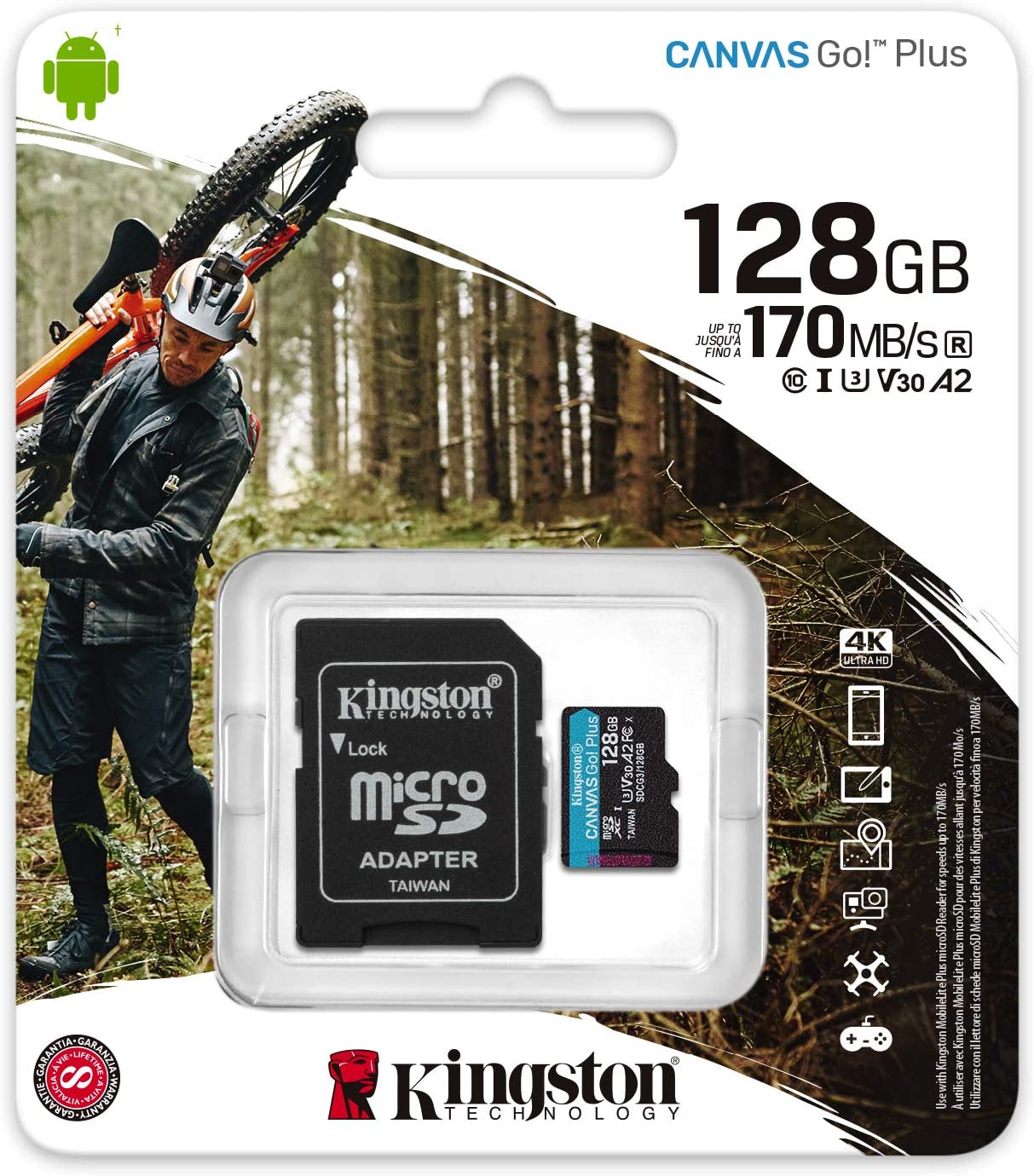 Carte Micro SDXC Kingston 128 Go UHS-I U3 V30 Classe 10 170 Mo/s Canvas Go Plus avec adaptateur