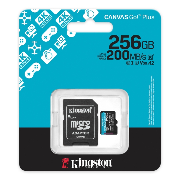 Carte Micro SDXC Kingston 256 Go UHS-I U3 V30 Classe 10 200 Mo/s Canvas Go Plus avec adaptateur