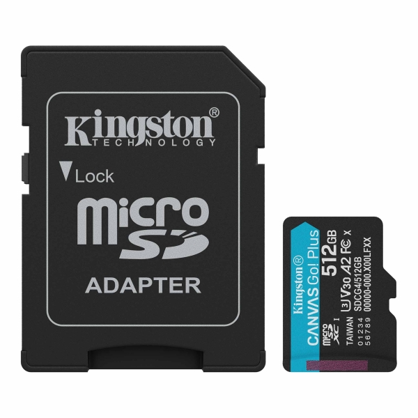 Carte Micro SDXC Kingston 512 Go UHS-I U3 V30 Classe 10 200 Mo/s Canvas Go Plus avec adaptateur