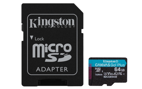 Carte Micro SDXC Kingston 64 Go UHS-I U3 V30 Classe 10 200 Mo/s Canvas Go Plus avec adaptateur