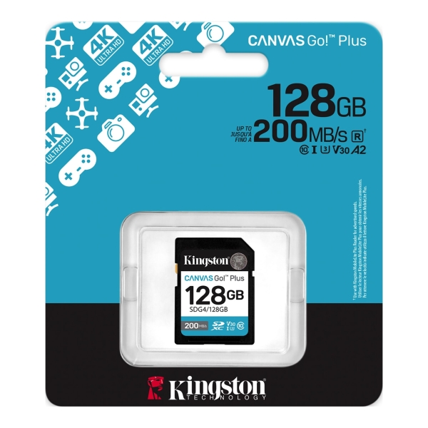 Carte SDXC Kingston Canvas Go Plus 128 Go UHS-I U3 V30 Classe 10 200 Mo/s