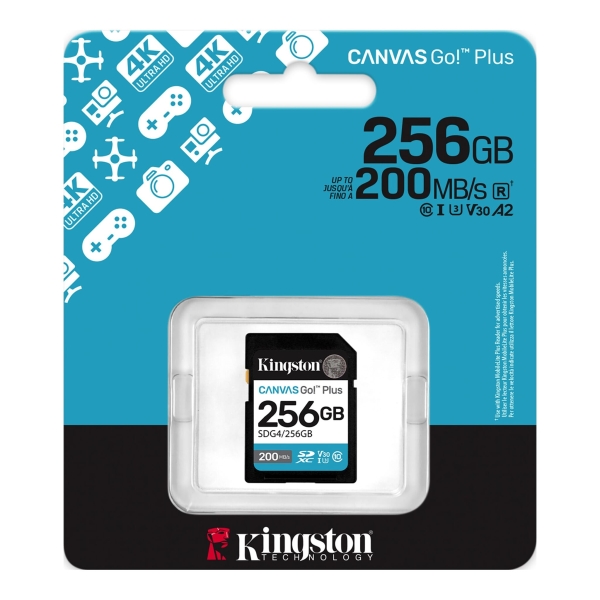 Carte SDXC Kingston Canvas Go Plus 256 Go UHS-I U3 V30 Classe 10 200 Mo/s