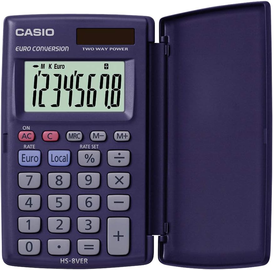 Casio HS-8VERA Calculatrice de poche avec couvercle rabattable - Écran LCD extra large à 8 chiffres - Fonction convertisseur euro - Couleur bleu foncé