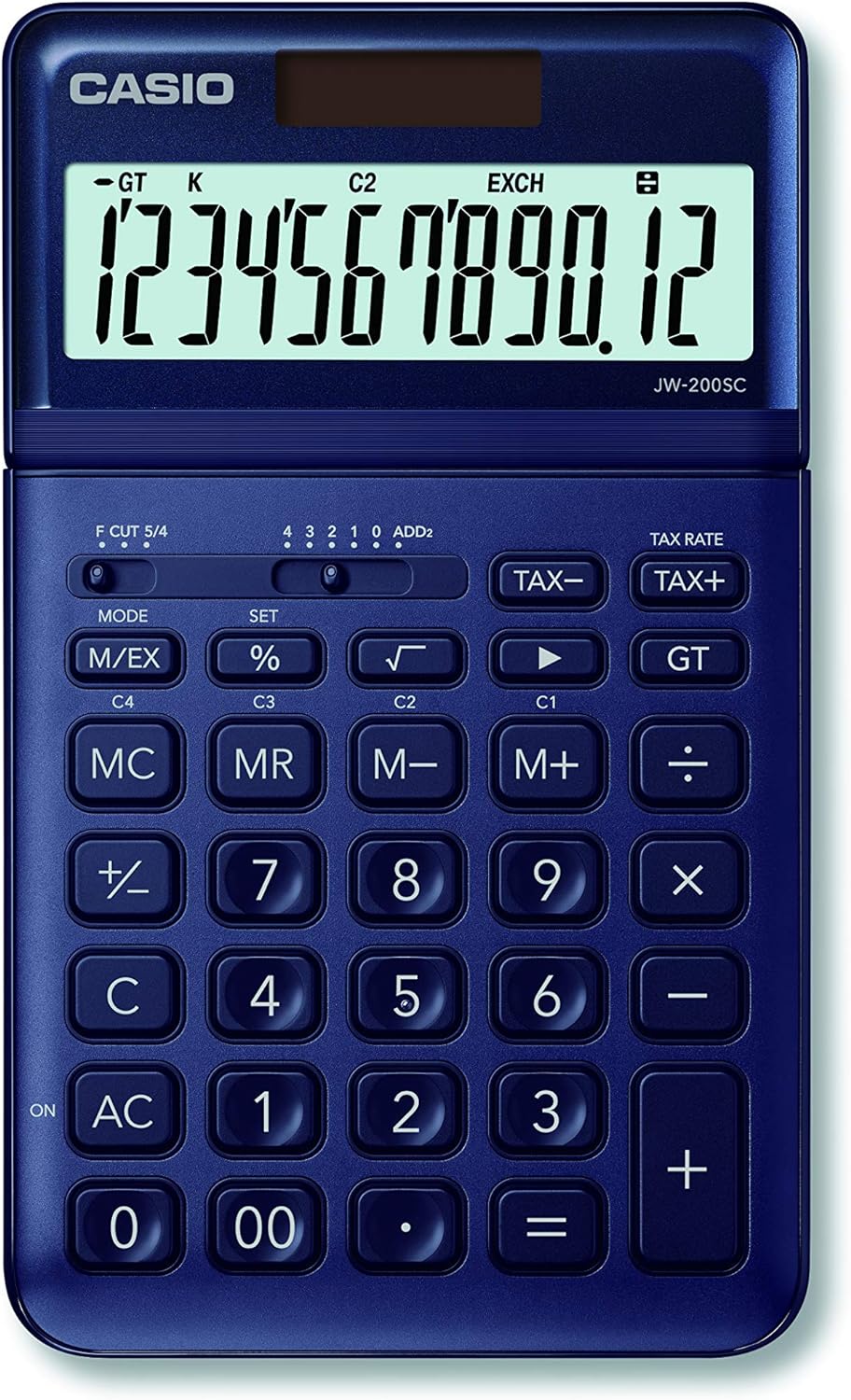 Casio JW-200SC Calculatrice de bureau – Écran LCD à 12 chiffres inclinable – Alimenté par l'énergie solaire et par batterie – Couleur bleu marine