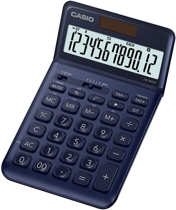 Casio JW-200SC Calculatrice de bureau – Écran LCD à 12 chiffres inclinable – Alimenté par l'énergie solaire et par batterie – Couleur bleu marine