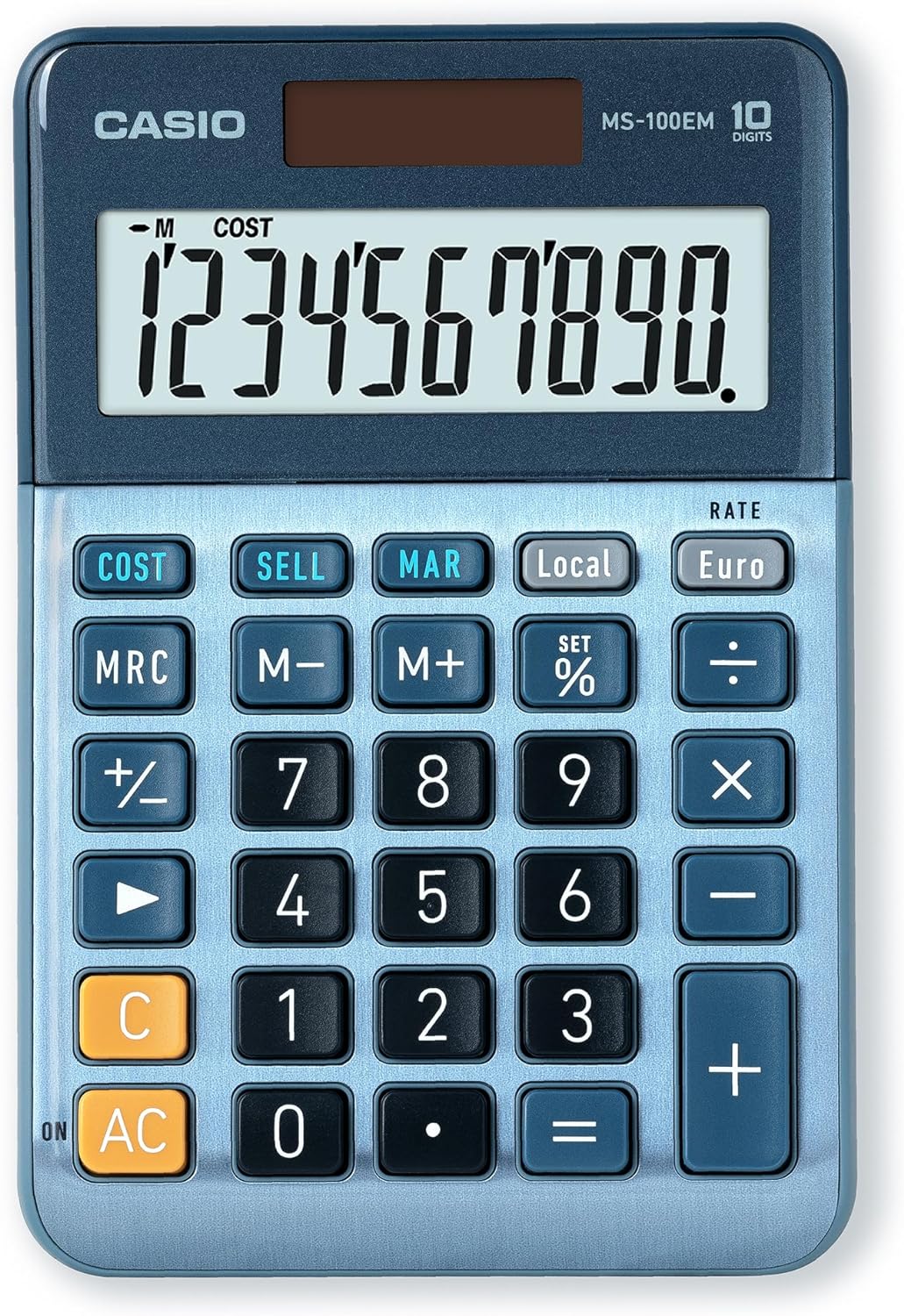 Casio MS-100EM Petite calculatrice de bureau - Écran LCD à 10 chiffres - Alimenté par l'énergie solaire et par batterie - Couleur bleue