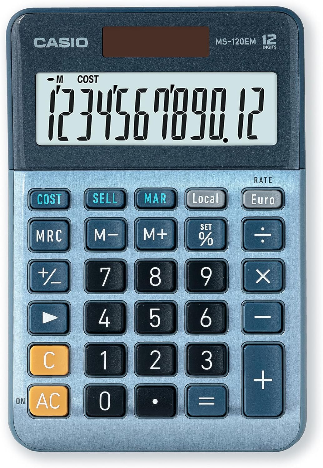Casio MS-120EM Petite calculatrice de bureau - Écran LCD à 12 chiffres - Alimenté par énergie solaire et batterie - Couleur bleue