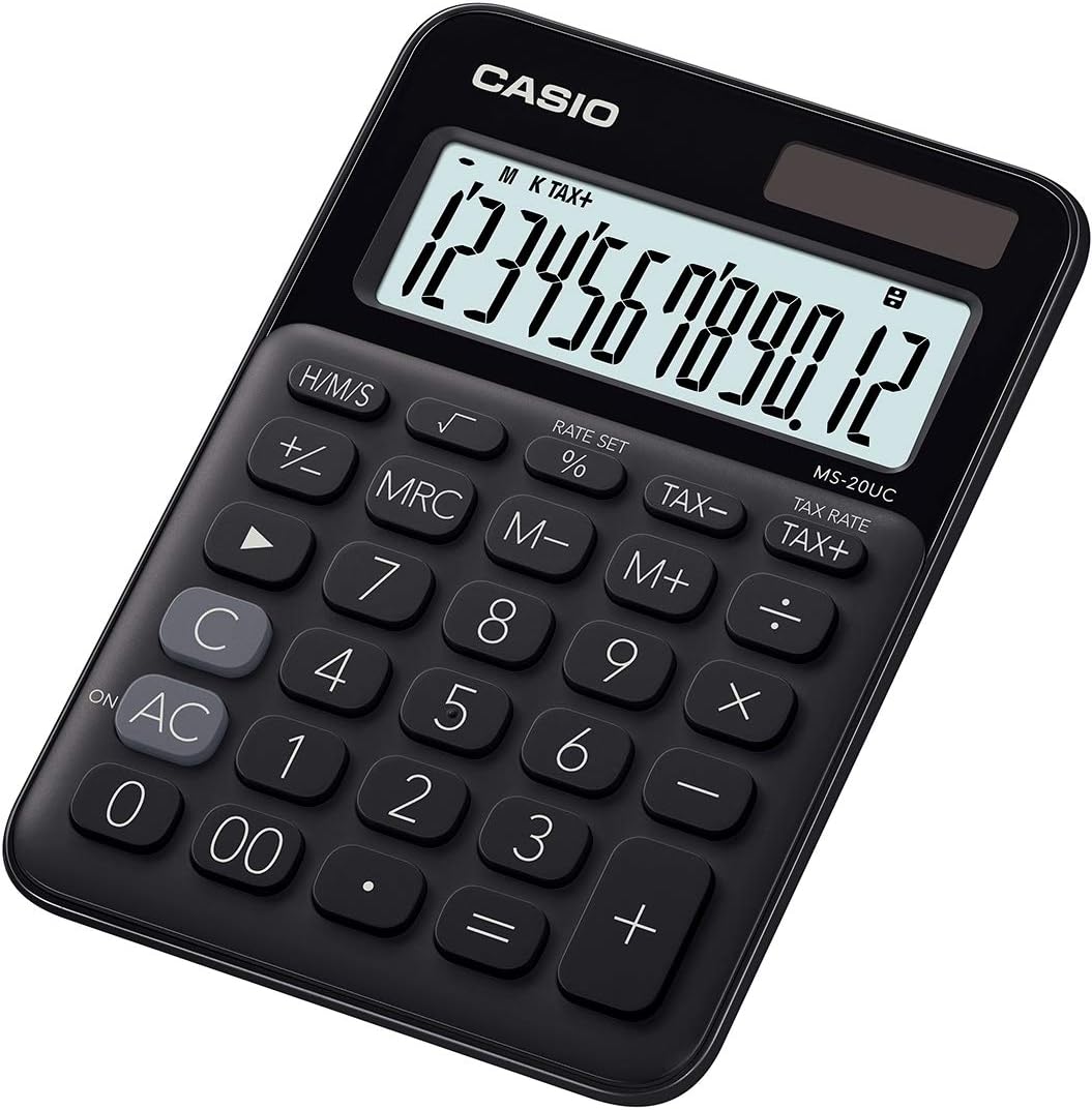 Casio MS-20UC Petite calculatrice de bureau – Écran LCD à 12 chiffres – Alimenté par énergie solaire et batterie – Couleur noire