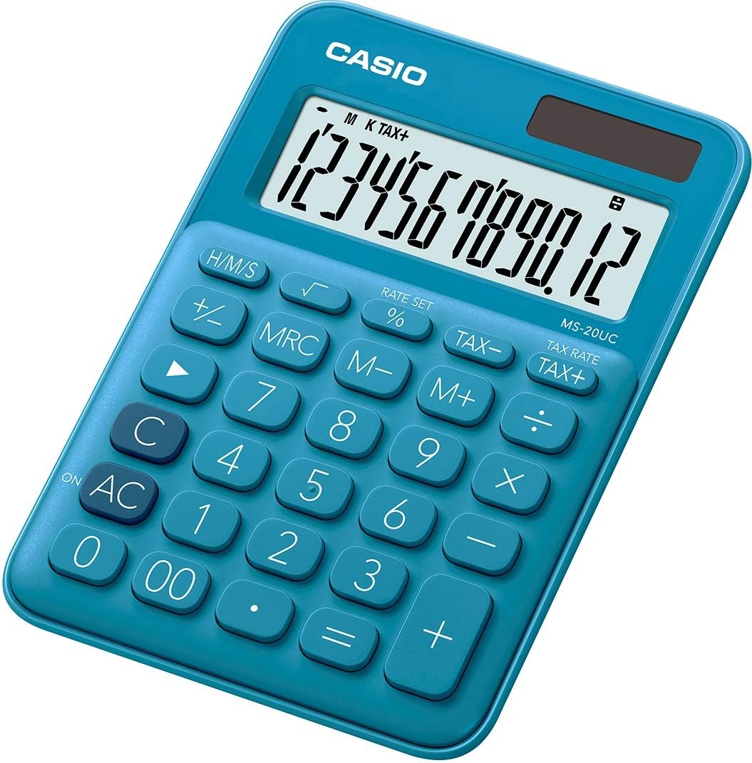 Casio MS-20UC Petite calculatrice de bureau – Écran LCD à 12 chiffres – Alimenté par énergie solaire et batterie – Couleur bleue