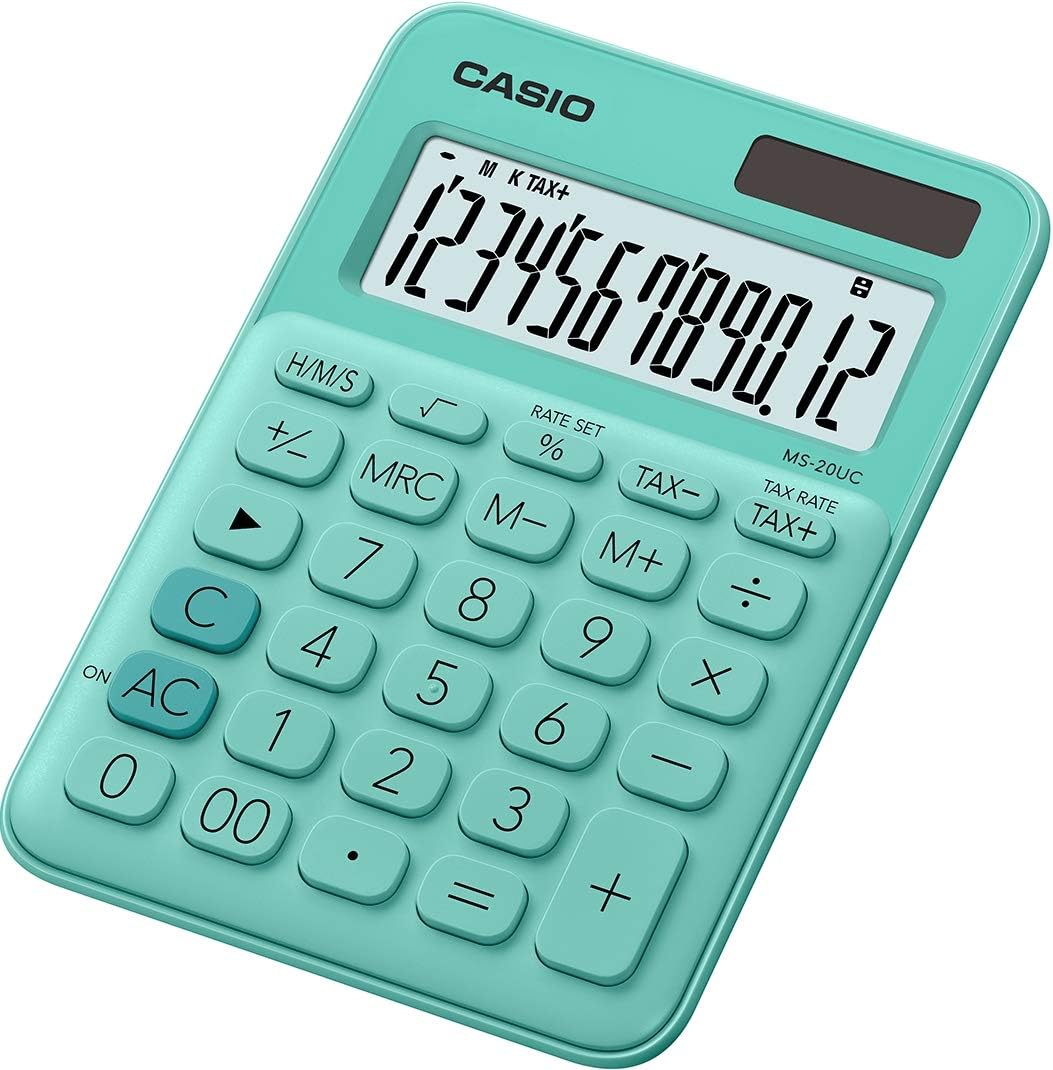 Casio MS-20UC Petite calculatrice de bureau – Écran LCD à 12 chiffres – Alimenté par énergie solaire et batterie – Couleur verte