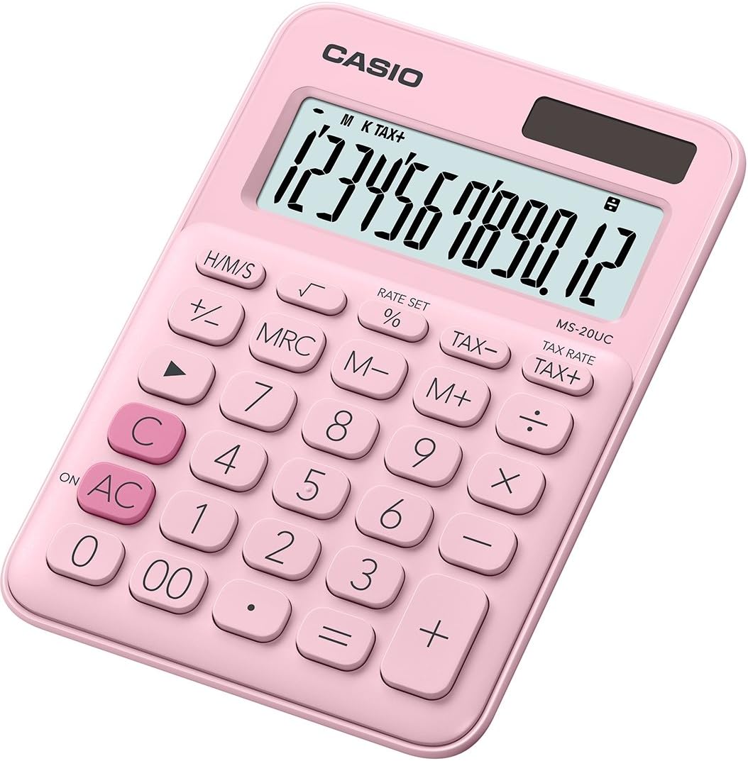 Casio MS-20UC Petite calculatrice de bureau – Écran LCD à 12 chiffres – Alimenté par énergie solaire et batterie – Couleur rose