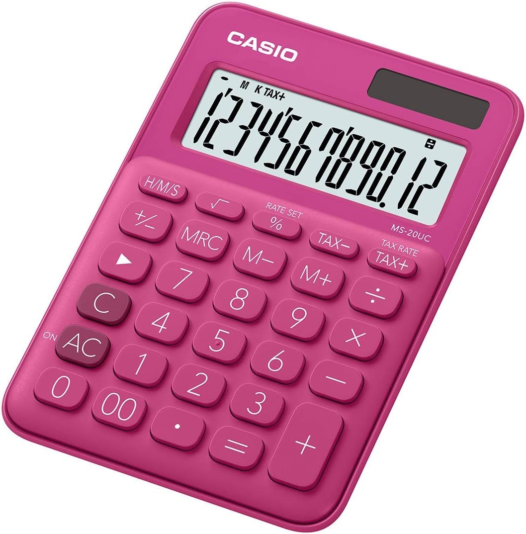 Casio MS-20UC Petite calculatrice de bureau – Écran LCD à 12 chiffres – Alimenté par énergie solaire et batterie – Couleur rose fuchsia