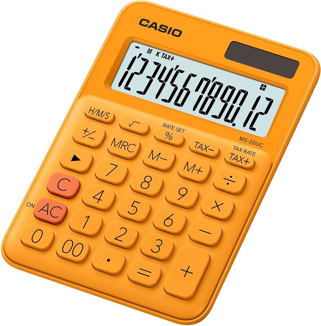 Casio MS-20UC Petite calculatrice de bureau – Écran LCD à 12 chiffres – Alimenté par énergie solaire et batterie – Couleur orange