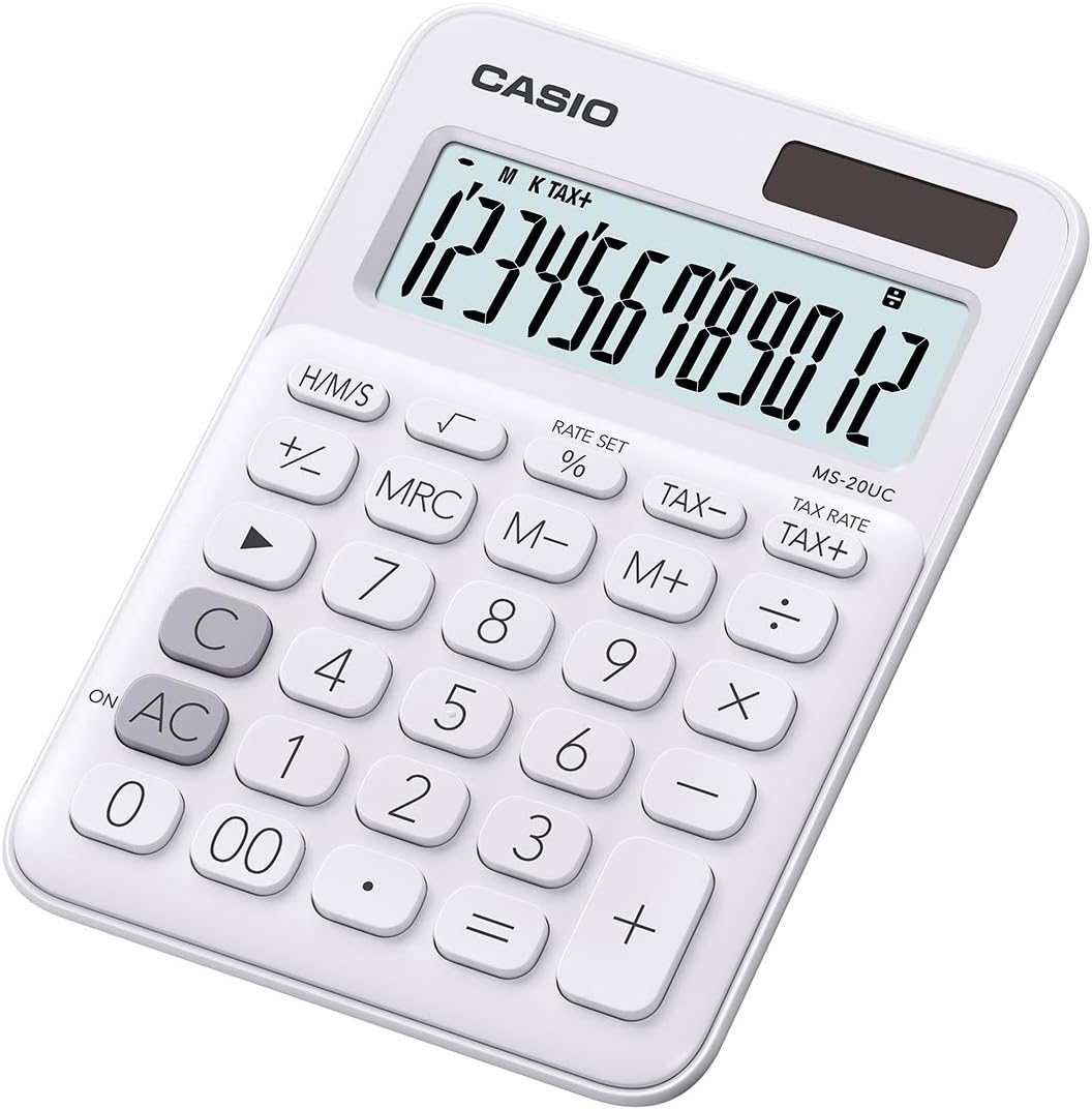 Casio MS-20UC Petite calculatrice de bureau – Écran LCD à 12 chiffres – Alimenté par énergie solaire et batterie – Couleur blanche