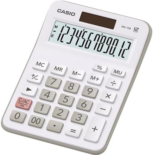 Casio MX-12B Petite calculatrice de bureau - Écran LCD 12 chiffres - Solaire et batterie - Blanc