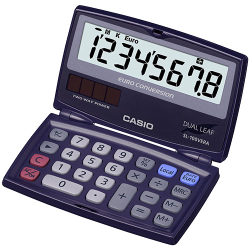 Casio SL-100VERA Calculatrice de poche à clapet – Écran LCD extra large à 8 chiffres – Fonction convertisseur euro – Couleur bleu foncé