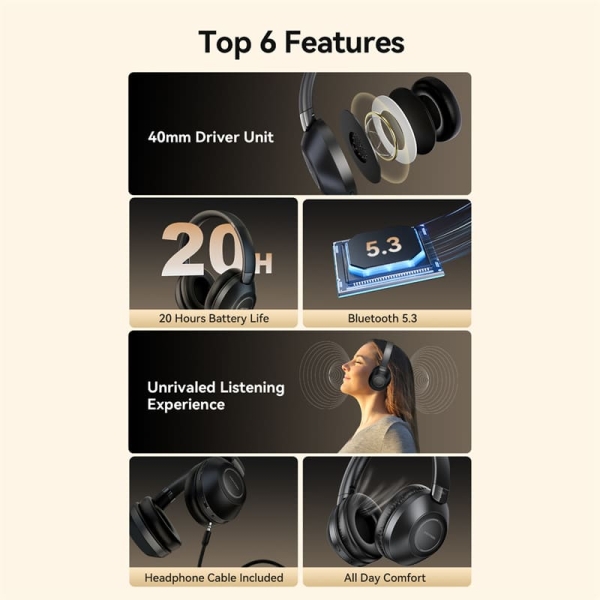Casque Bluetooth 5.3 Vention SoundMate S11 - Autonomie 20 h - Microphone - Noir