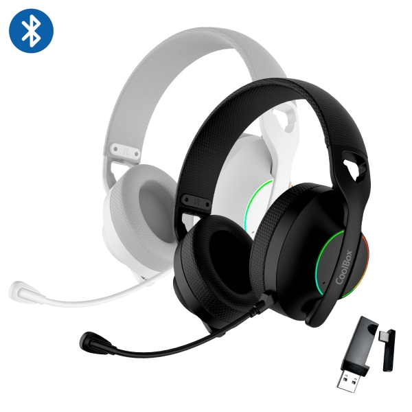 Casque Gaming sans fil Coolbox WB01 avec microphone - Bluetooth 5.4, connectivité sans fil 2,4 GHz ou jack - Éclairage RGB - Jusqu'à 20 h d'autonomie - Réduction du bruit - Couleur blanche