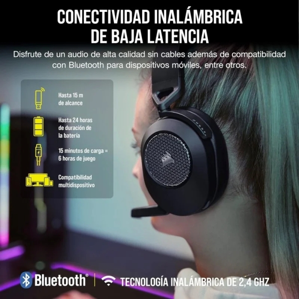 Casque gaming sans fil Corsair HS65 Wireless V2 avec microphone - Connectivité Bluetooth 5.4 et 2,4 GHz - Son 7.1 immersif - Jusqu'à 24 h d'autonomie - Noir