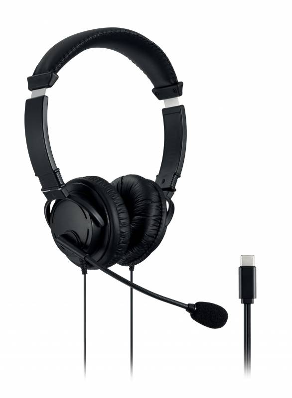 Casque Hi-Fi USB-C Kensington avec microphone - Pilotes 40 mm - Compatible avec tous les appareils USB-C - Bandeau rembourré réglable - Microphone à perche flexible - Coussinets en mousse enveloppés dans un étui en similicuir - Couleur Noir