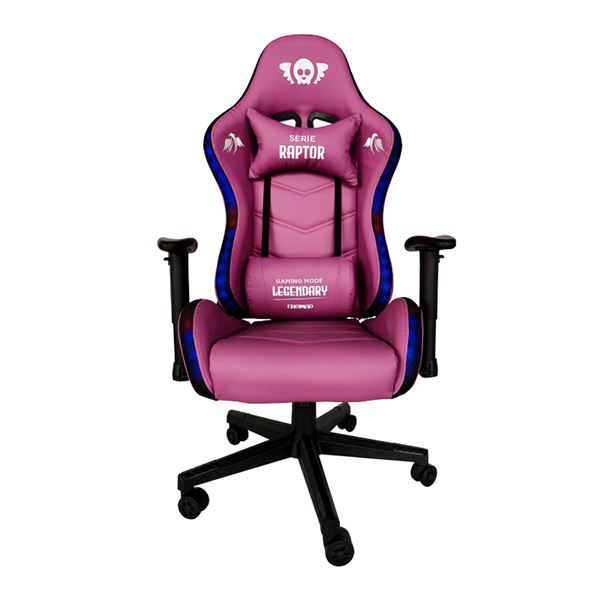 Chaise de jeu Cromad Raptor Legendary Series - Hauteur réglable avec piston à gaz de classe 2 - Inclinable jusqu'à 180º - Coussins lombaires et cervicaux - Roues en nylon de 60 mm - Éclairage RVB - Couleur violette