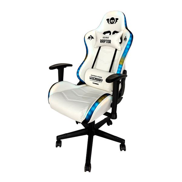 Chaise de jeu légendaire Cromad Raptor Series - Hauteur réglable avec piston à gaz de classe 2 - Inclinable jusqu'à 180º - Coussins lombaires et cervicaux - Roues en nylon de 60 mm - Éclairage RVB - Couleur blanche