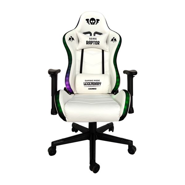 Chaise de jeu légendaire Cromad Raptor Series - Hauteur réglable avec piston à gaz de classe 2 - Inclinable jusqu'à 180º - Coussins lombaires et cervicaux - Roues en nylon de 60 mm - Éclairage RVB - Couleur blanche
