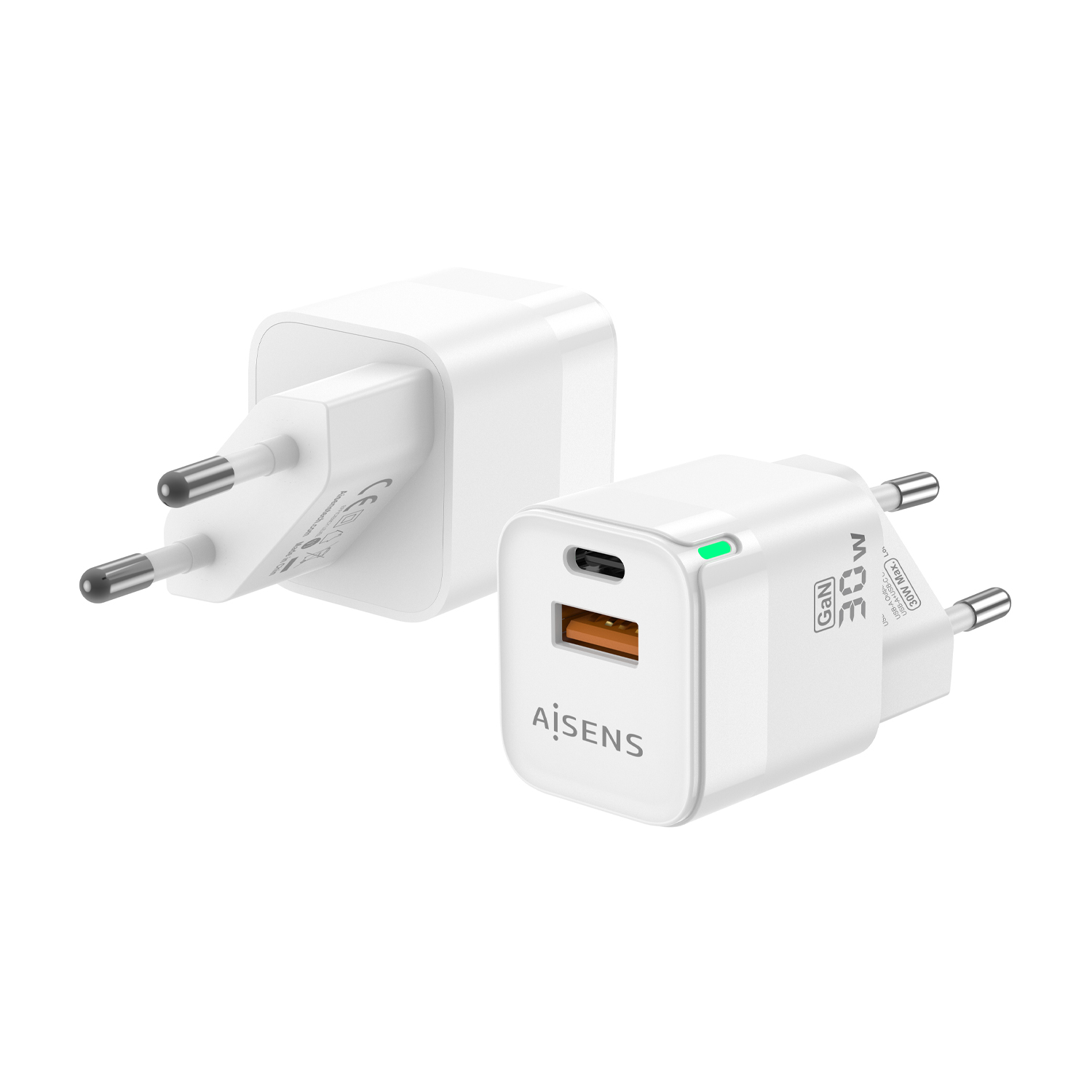 ✓ Chargeur Aisens GAN 30W - 1xUSB-C PD3.0 QC4.0 - 1xUSB-A QC3.0 - Couleur  Blanc couleur Blanc en stock - 123CONSOMMABLES