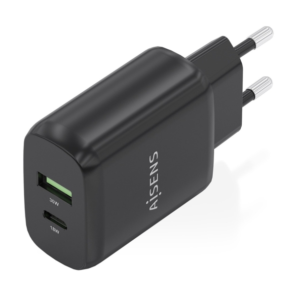 Chargeur Aisens GaN 30W - 1xUSB-C PD3.0 QC4.0 - 1xUSB-A QC3.0 - Noir
