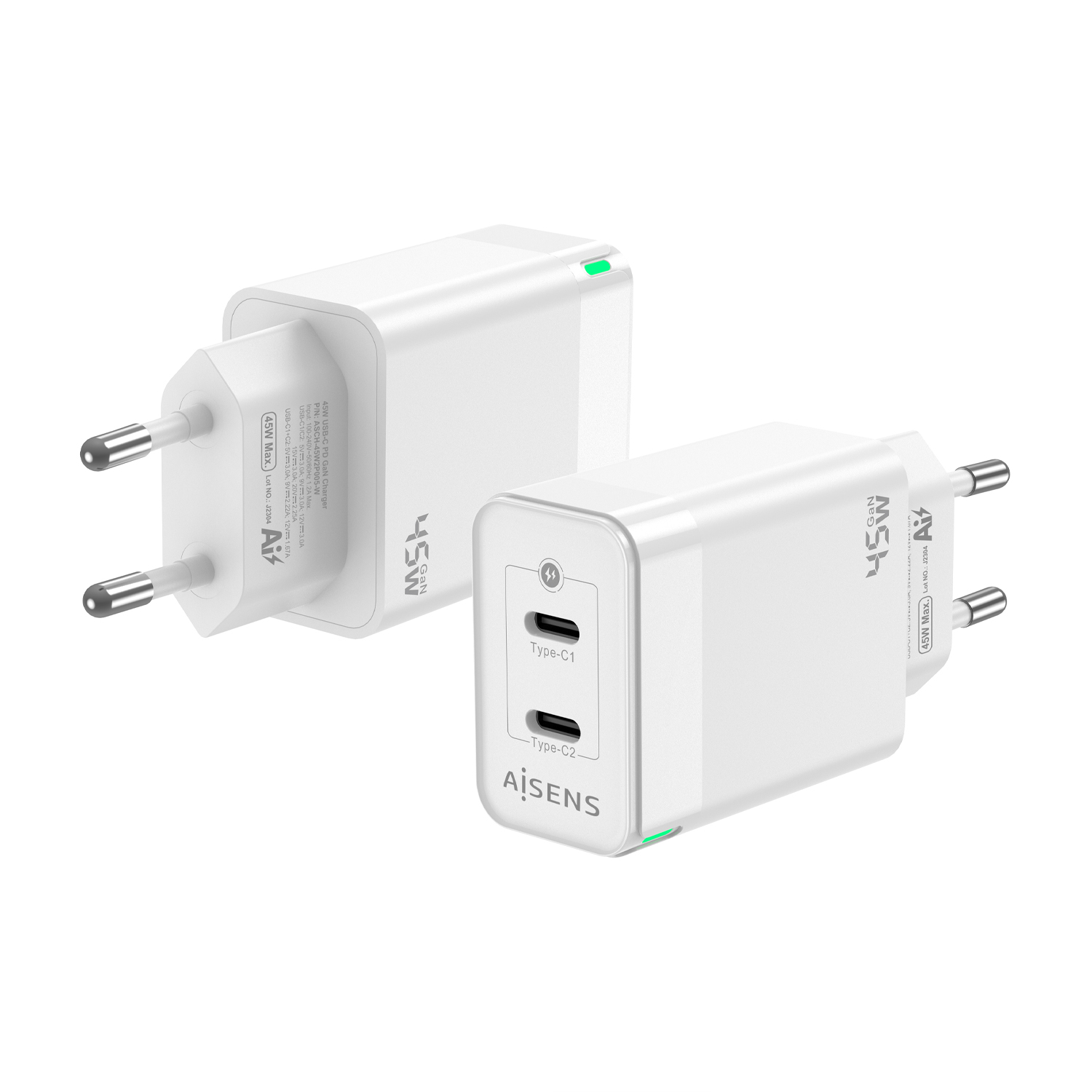 Chargeur Aisens GAN 45W - 2xUSB-C PD3.0 QC4.0 - Blanc