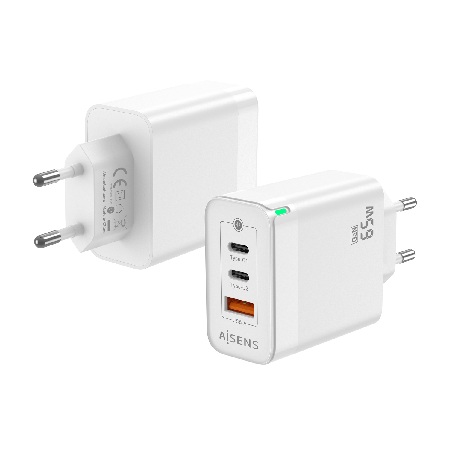 Chargeur Aisens GAN 65W - 2xUSB-C PD3.0 QC4.0 - 1xUSB-A QC3.0 - Blanc