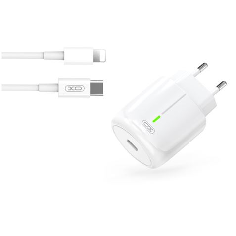 Chargeur de charge rapide XO 20 W - Port de type C - Charge + 50 % en 30 minutes - Protection contre les surtensions - Comprend un câble de charge Lightning - Couleur blanche