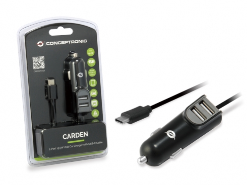 Chargeur de voiture Conceptronic Carden 5 2XUSB2.0(5V) 1XCable USB C(5V) vers 3.1A Max. - Charge rapide 3 appareils - 12-24V/DC - Couleur noire