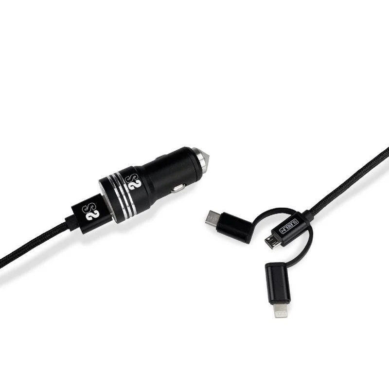 Chargeur de voiture Subblim double USB - Longueur 1 m - Charge rapide jusqu'à 2 400 A/12 W - Extérieur en fibre de nylon durable - Couleur noire