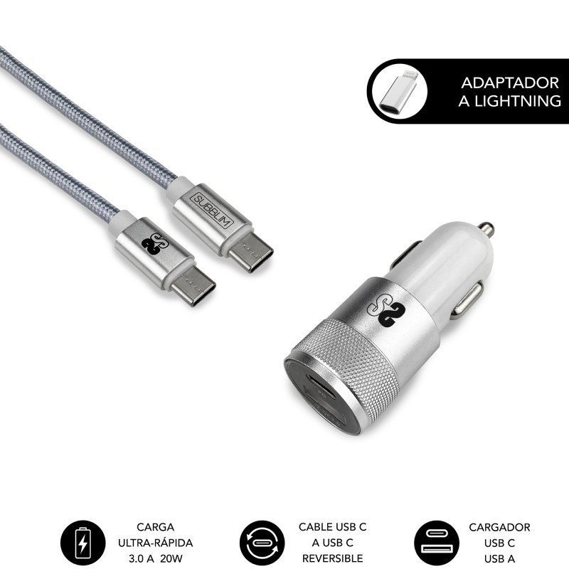 Chargeur de voiture Subblim Dual PD20W+QC3.0+Câble C vers C/Lightning - 20W - Charge rapide simultanée - Câble USB C réversible - Couleur Argent
