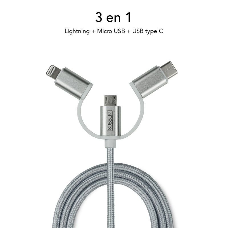 Chargeur de voiture Subblim Dual USB - Longueur 1 m - Charge rapide jusqu'à 2 400 A/12 W - Extérieur en fibre de nylon durable - Couleur Argent