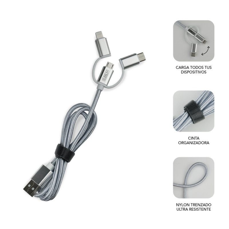 Chargeur de voiture Subblim Dual USB - Longueur 1 m - Charge rapide jusqu'à 2 400 A/12 W - Extérieur en fibre de nylon durable - Couleur Argent