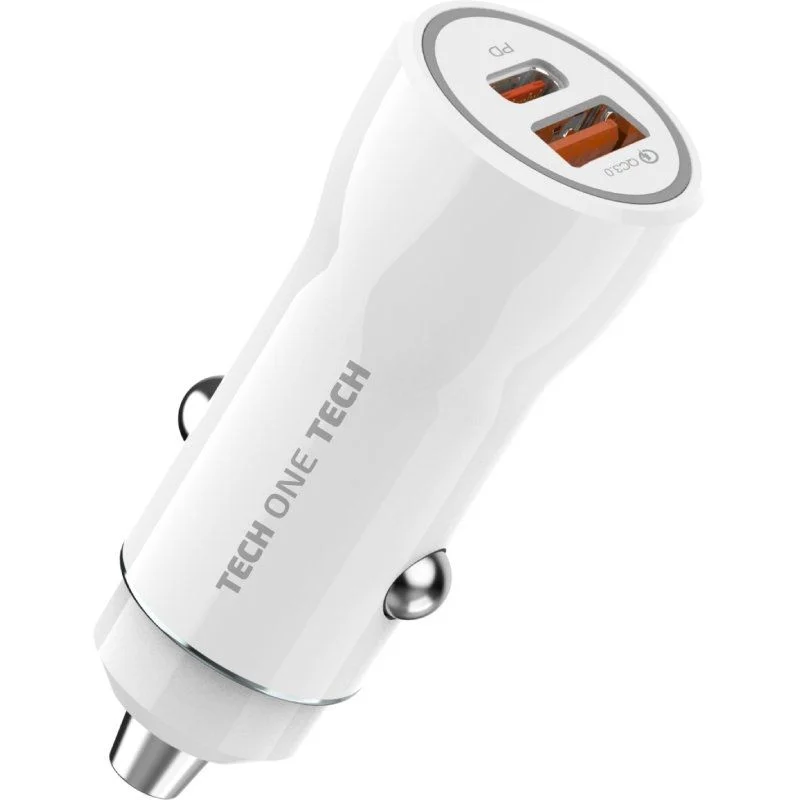 Chargeur de voiture TechOneTech 1x USB-A, 1x USB-C - Max. 38W - Couleur Blanc